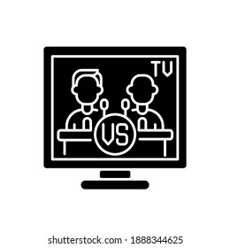 Televised debates black glyph icon. General election campaign. United States presidential debates. Political rivals. Broadcast live. Silhouette symbol on white space. Vector isolated illustration