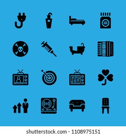 television, accordion, bathtub, medicine, television, clover, umbrella stand, death and plug vector icon. Simple icons set