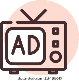 Fernsehwerbung, Illustration, Vektorgrafik auf weißem Hintergrund.
