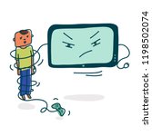 Television addiction. Baby under the authority of tv. Gaming addiction concept. Angry monitor captured teenager. Vector and illustration isolated on white background.