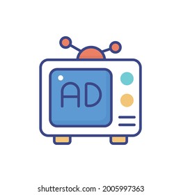 Ilustración de icono de relleno de contorno plano vectorial de anuncios de televisión. archivo EPS 10 