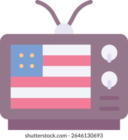 Television With American Flag, Fourth Of July Icon, Vector Style Flat Icon. 