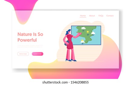 Television Anchorwoman Forecast Weather at Studio Website Landing Page. Woman Meteorologist Forecasting Sunny and Rainy Summer Days in Tv News Web Page Banner. Cartoon Flat Vector Illustration