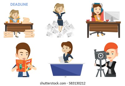 Television anchorwoman working at studio. TV anchorwoman at studio during live broadcasting. TV anchorwoman reporting the news. Set of vector flat design illustrations isolated on white background.
