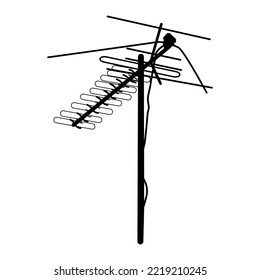 Fernsehantenne Symbol einzeln auf weißem Hintergrund. Silhouette der Fernsehantenne. Außenantennenschild oder -symbol. Fernsehantenne auf dem Dach. Technologiekonzept. Stock-Vektorgrafik