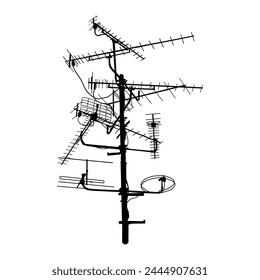Television antenna icon isolated on white background. Silhouette of television aerial. Outdoor Tv antenna sign or symbol. Television rooftop antenna. Technology concept. Stock vector illustration