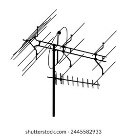 Television antenna icon isolated on white background. Silhouette of television aerial. Outdoor Tv antenna sign or symbol. Television rooftop antenna. Technology concept. Stock vector illustration