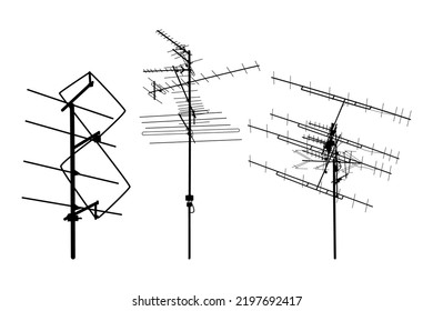 Fernsehantennen-Symbole einzeln auf weißem Hintergrund. Silhouetten verschiedener Fernsehantennen. Fernsehantennenschild oder -symbol. Fernsehantennen auf dem Dach. Technologiekonzept. Vektorgrafik