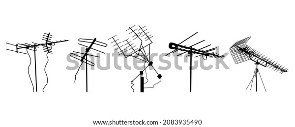 Television antenna icons set isolated on\
white background. Silhouettes of different television aerials. Tv\
antenna sign or symbol. Television rooftop antennas. Technology.\
Stock vector\
illustration