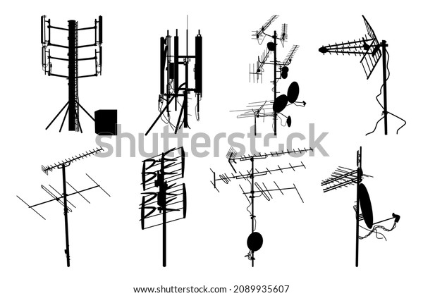 Television antenna icons set isolated on\
white background. Silhouettes of different television aerials. Tv\
antenna sign or symbol. Television rooftop antennas. Technology\
concept. Vector\
illustration