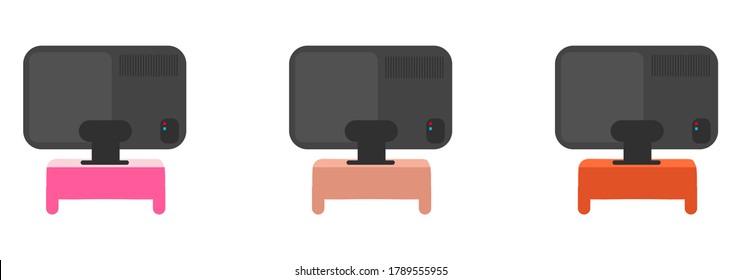 Television back flat color vector objects set. TV on colorful tables. Wide telly screen backside. Living room equipment isolated cartoon illustration for web graphic design and animation collection
