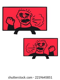 television with black propaganda. Aggressive man in TV. Black and white vector illustration isolated on white background.