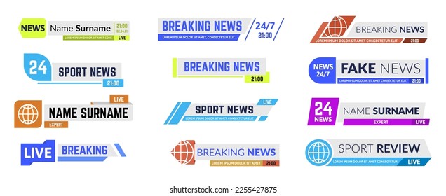 Television broadcast bar vector illustration set. Breaking news, sport review. Live show or program frame template for expert name and surname. Television channel isolated banners with info