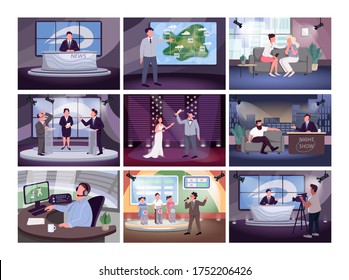 Television Broadcasting Flat Color Vector Illustrations Set. Show Hosts And Newscasters 2D Cartoon Characters. Media Industry, Different Programs. TV Presenter Profession, Show Host Occupation