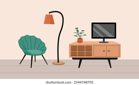 Television cabinet. Tv table. Wooden table. Potted plant. Elegant sofa. Elegant chair. Living room interior. 