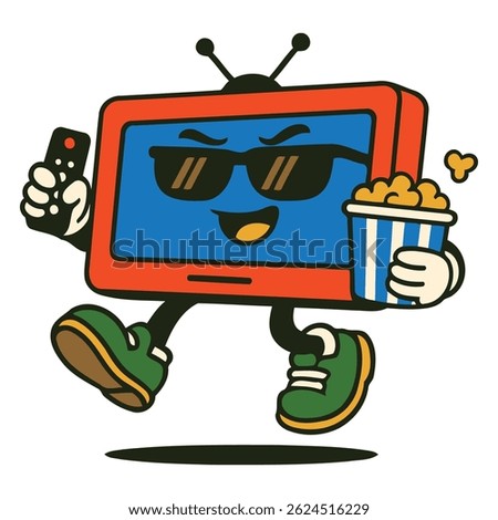 Television cartoon character in sunglasses holding a remote and popcorn bucket, radiating chill vibes and fun, great for streaming visuals, binge-watching icons, or home entertainment themes.