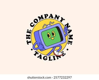 Television cartoon retro vintage mascot illustration character logo hand drawn for businesses in entertainment, media, or technology