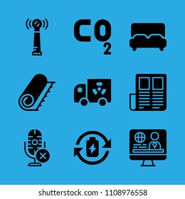 television, co, battery, carpet, news paper, antenna, microphone, bed and transportation vector icon. Simple icons set