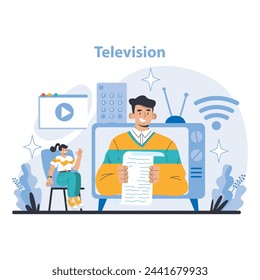 Television concept. Visual storytelling and news reporting. Anchors and audience engagement in media. Digital transition in TV. Flat vector illustration.