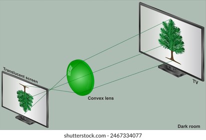 A television and convex lens to show the image in a dark room.