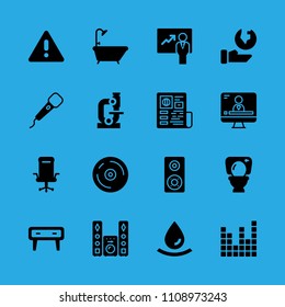 television, cupboard, presentation, speaker, warning, bathtub, drop, compact disc and sound bars vector icon. Simple icons set