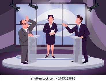 Television debate flat color vector illustration. Political talk show host and speakers 2D cartoon characters with studio on background. Public discussion. Political opponents behind tribunes