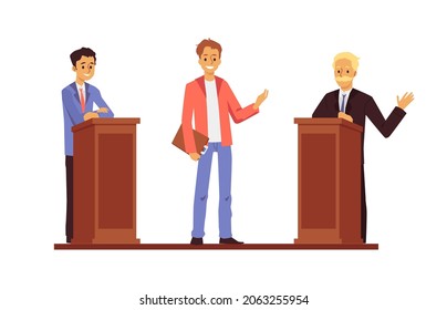 Television debate, political tv live talk show with participants and host. Speakers opponents behind tribunes conduct public discussion of problems. Vector isolated illustration.