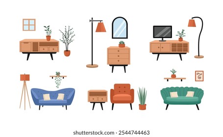 Ilustração de mesa de televisão. Ilustração de mesa de madeira. Mesa de vestir. Conjunto de ilustrações da sala de estar. Coleção de sala de estar. Planta em vaso. 