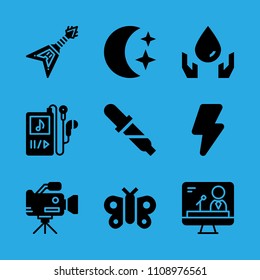 television, ecology, video camera, pipette, electric guitar, butterfly, night, high voltage and music player vector icon. Simple icons set