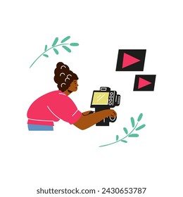 Television female video operator looking through camera, establishing and recording film. Movie or video content production. Cartoon video maker character vector illustration with leaves and play icon