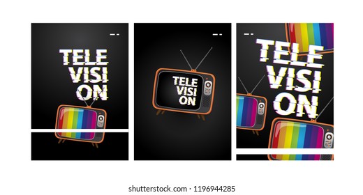 Television flyer set with dark color and glitch text