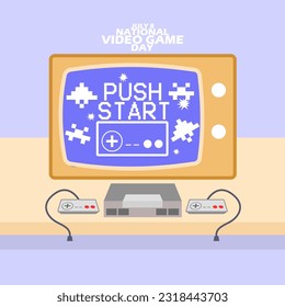 A television with game console and game stick on table to commemorate National Video Game Day on July 8