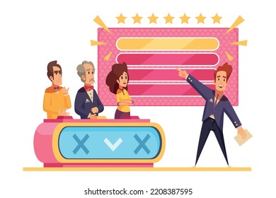 Television Game Show Cartoon Composition With Male Presenter And Three Participants Vector Illustration