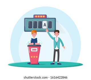 Television game show concept. Popular tv guess word game with presenter and players, man who guesses the word that is hidden behind his back on the scoreboard. Vector cartoon illustration