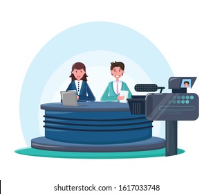 Television game show concept. TV live news show in V news studio. Presenters broadcasting sit at table on TV show and read the news on the camera. Vector cartoon illustration