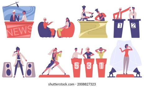 Television game show. Music, culinary and talk TV shows, television media presenters, host interview vector illustration set. TV entertainment show with participants. Singing and dancing contest