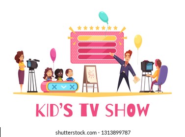 Television games competitions show for children cartoon composition with kids presentator operator in tv studio vector illustration