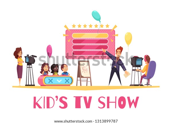 Television games competitions show for\
children cartoon composition with kids presentator operator in tv\
studio vector\
illustration