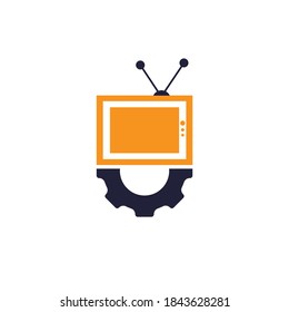 Diseño del logotipo vectorial de los engranajes de televisión. Logo de reparación de TV. Símbolo o icono de televisión y mecánico.