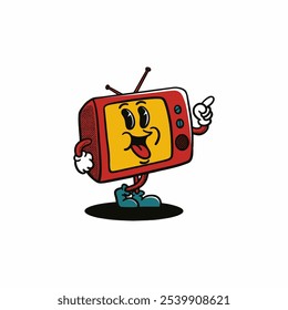 Television groovy retro character. Vector illustration, cartoon, mascot, funny, set, vintage, sticker, icon, tv, comunication, tools