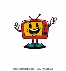 Television groovy retro character. Vector illustration, cartoon, mascot, funny, set, vintage, sticker, icon, tv, comunication, tools