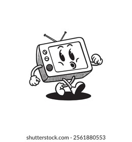 Television groovy retro character. Vector illustration, cartoon, mascot, funny, set, vintage, sticker, icon, tv, communication, tools, coloring book