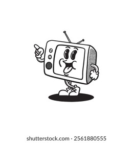 Television groovy retro character. Vector illustration, cartoon, mascot, funny, set, vintage, sticker, icon, tv, communication, tools, coloring book