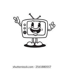 Television groovy retro character. Vector illustration, cartoon, mascot, funny, set, vintage, sticker, icon, tv, communication, tools, coloring book