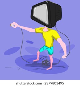Un hombre encabezado por un televisor, con un enchufe eléctrico en la mano, está buscando un contacto eléctrico, con un fondo morado