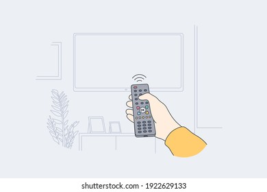 Television, home entertainment concept. Human hand with tv remote control switching television on at home for watching movies and programs vector illustration 
