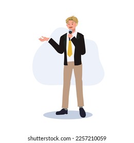 Television host, news reporter, moderator with microphone is speaking. Flat vector illustration