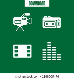 television icon. 4 television vector set. sound bars, video camera, film and recorder icons for web and design about television theme