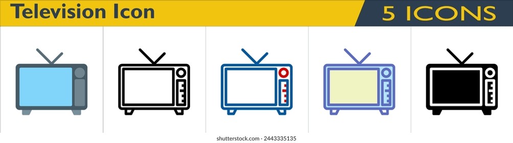 Television icon with 5 styles (outline, color lineal, color outline, solid and color)