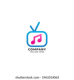 Television icon with beamed eighth notes vector illustration. Music Tv Channel logo concept isolated on white background. Pink and Blue color theme.